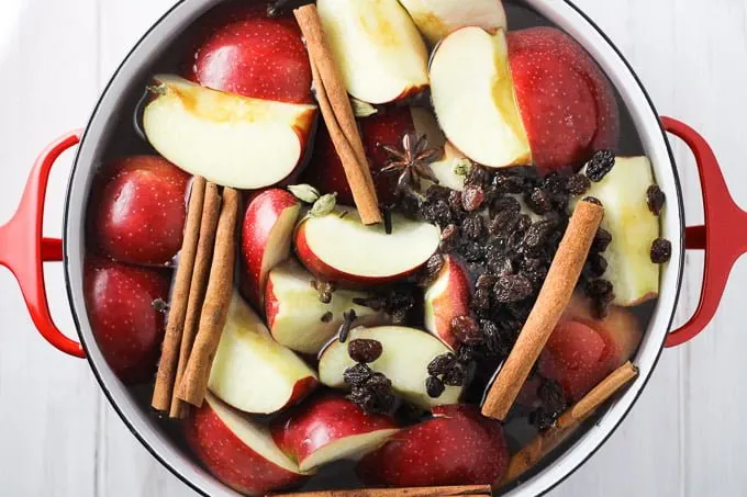 Sliced apples, raisins, cinnamon sticks, star anise, and water in a pot. Top view.
