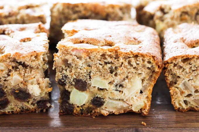 Slices of the healthy apple cake. Side view.