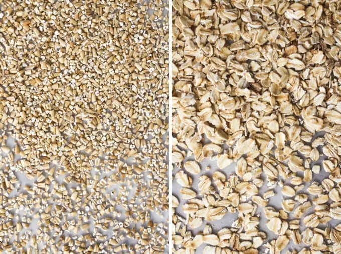Steel cut and rolled oats on light background.