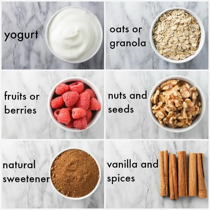 Collage of ingredients for a healthy yogurt parfait.