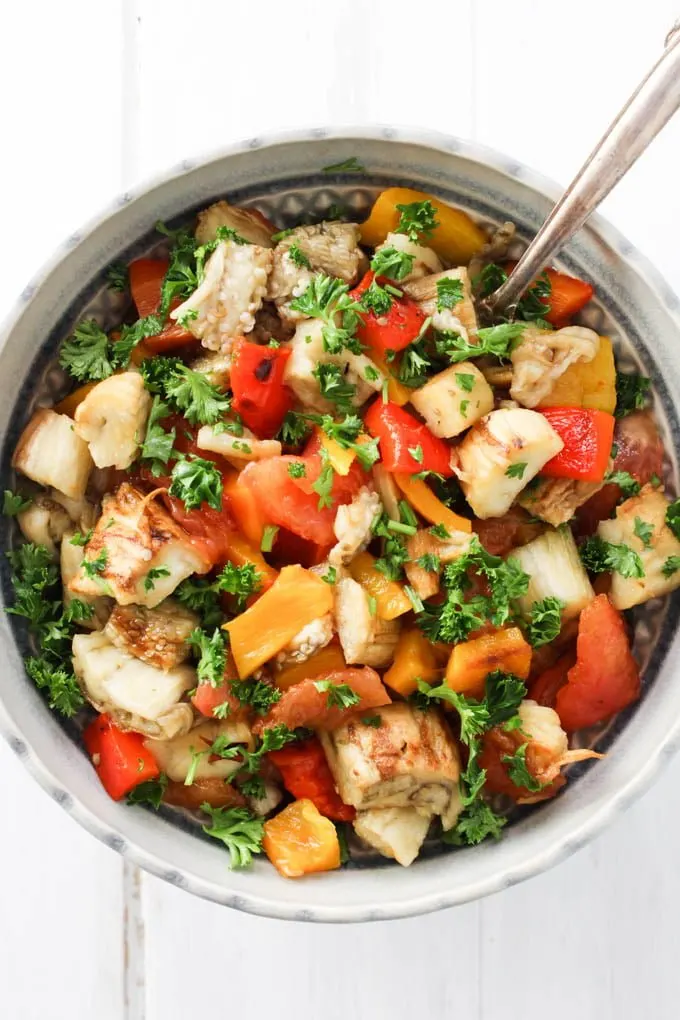 Armenian grilled vegetable salad in a bowl.