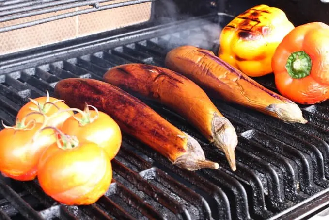 Tomatoes, Chinese eggplants, and bell peppers on an outdoor grill.