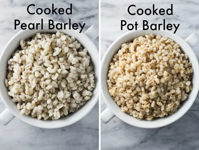 Cooked pearl barley on the left and cooked pot barley on the right.