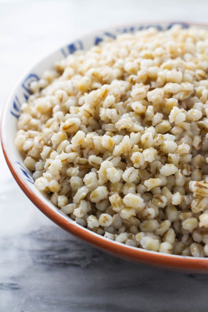 Cooked pot barley in a bowl.