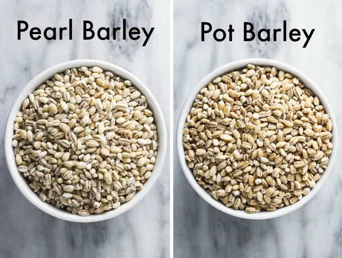 Pearl barley grains on the left and pot barley grains on the left.