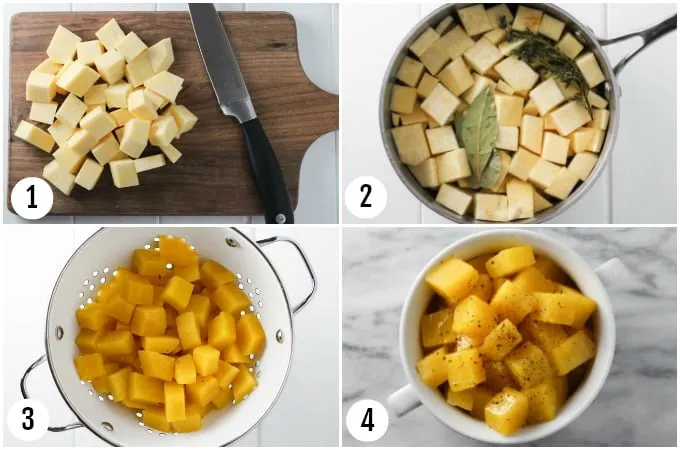 Step by step photo collage of boiled rutabaga.