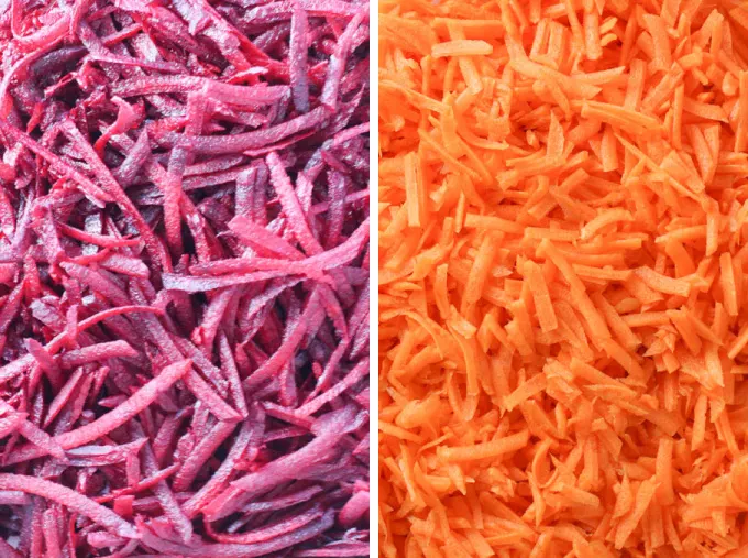 Two images side-by-side. On the left image, a close up shot of shredded beets. On the right image, a close up shot of shredded carrots.
