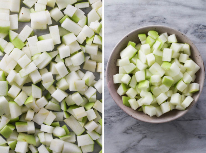 Two side-by-side images. On the left image, a close up shot of diced apples. On the right image, an overhead shot of diced apples in a bowl.