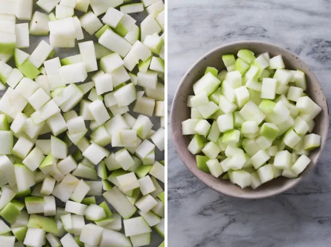 Two side-by-side images. On the left image, a close up shot of diced apples. On the right image, an overhead shot of diced apples in a bowl.