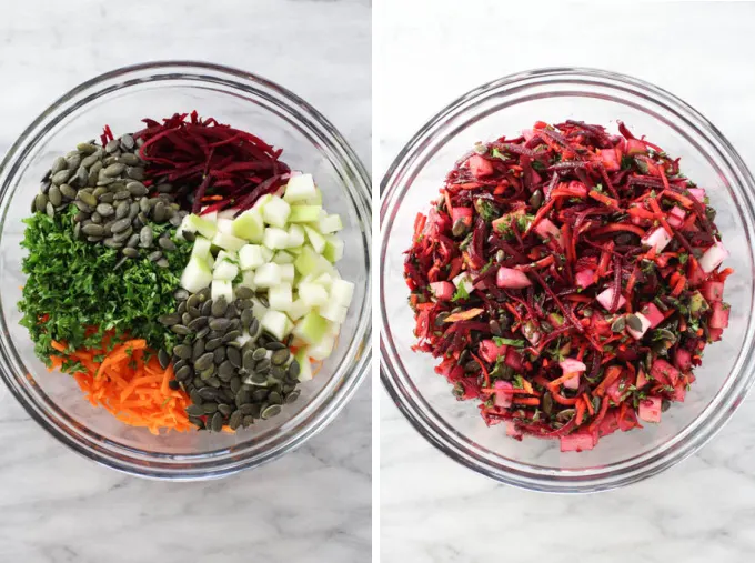 Two images side-by-side, on the left image chopped parsley, pumpkin seeds, diced apple, shredded beets and carrots in a bowl. On the right image, raw beet salad in a bowl.