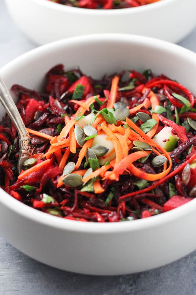 Close up of the raw beet salad.