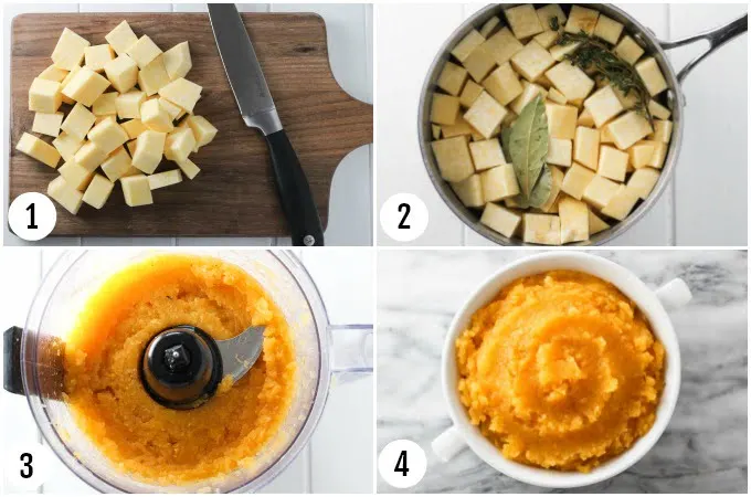 Step by step photo collage of mashed rutabaga.