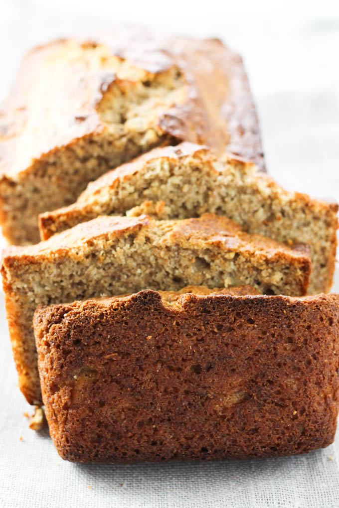 Sliced banana bread loaf.