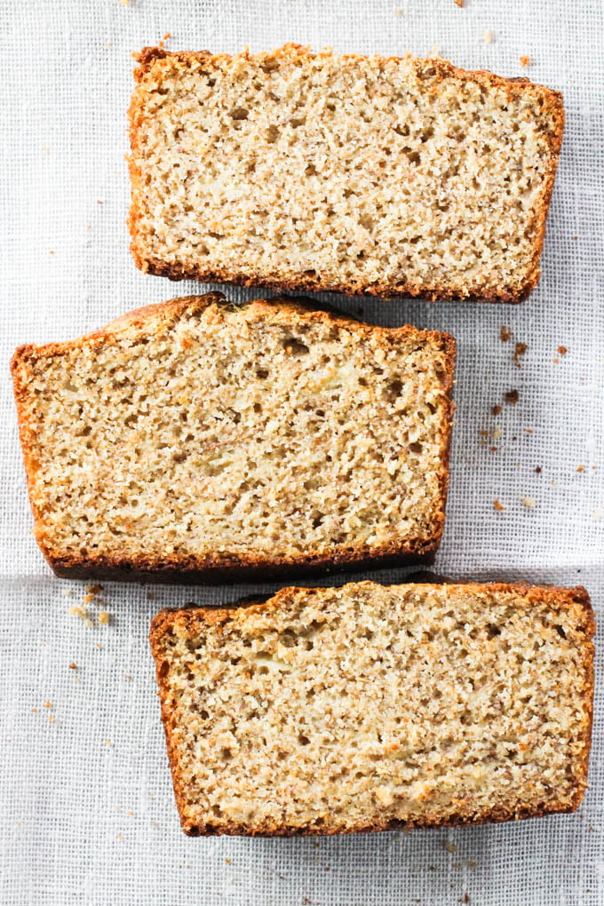 Overhead shot of three spelt banana bread slices.