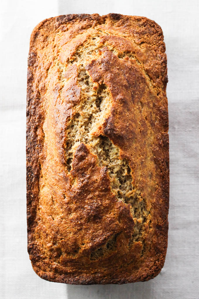 Overhead shot of a banana bread loaf.