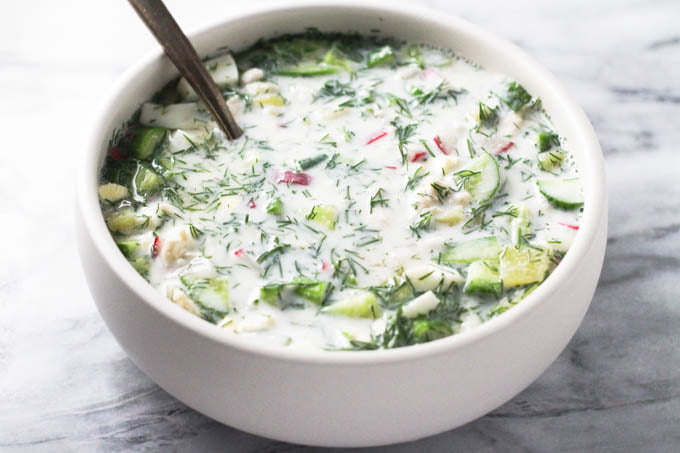 Russian okroshka in a white bowl.