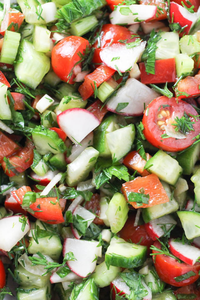 Close up of the chopped vegetable salad.