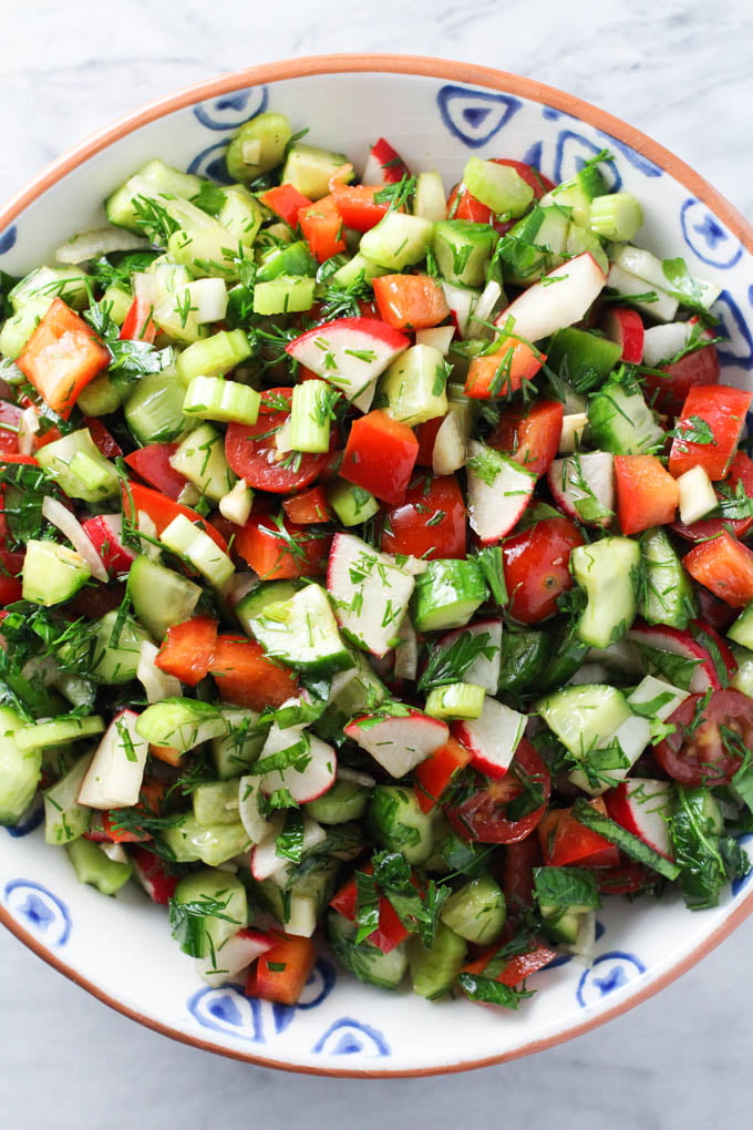 Vegetable salad in a bowl. Top view.