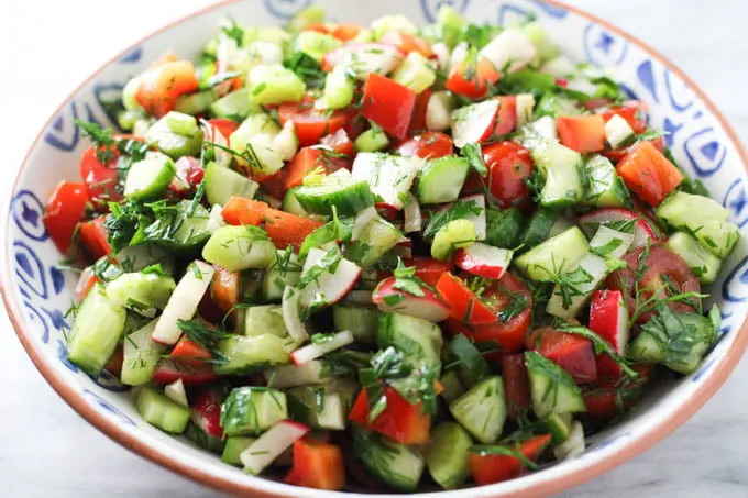 Chopped vegetable salad in a bowl.
