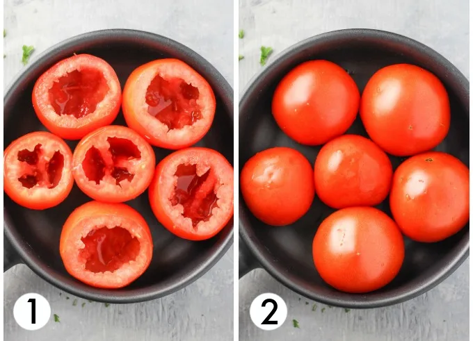 Collage of tomatoes in a black dish. On the left are tomatoes with tops cut off and the flesh scooped out. On the right are tomatoes placed down side up.