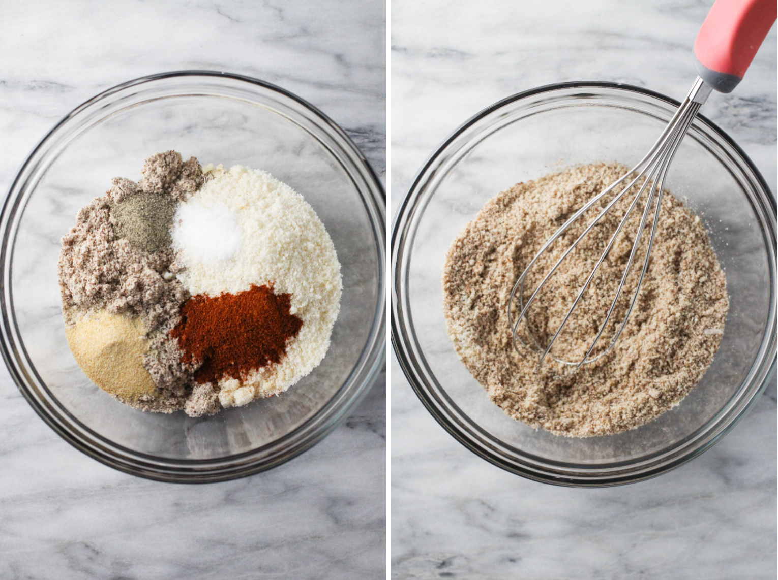 Two images side by side. Image on the left: a glass bowl with almond flour, parmesan, and spices. The image on the right: the almond flour mixture and a wisk in a glass bowl.