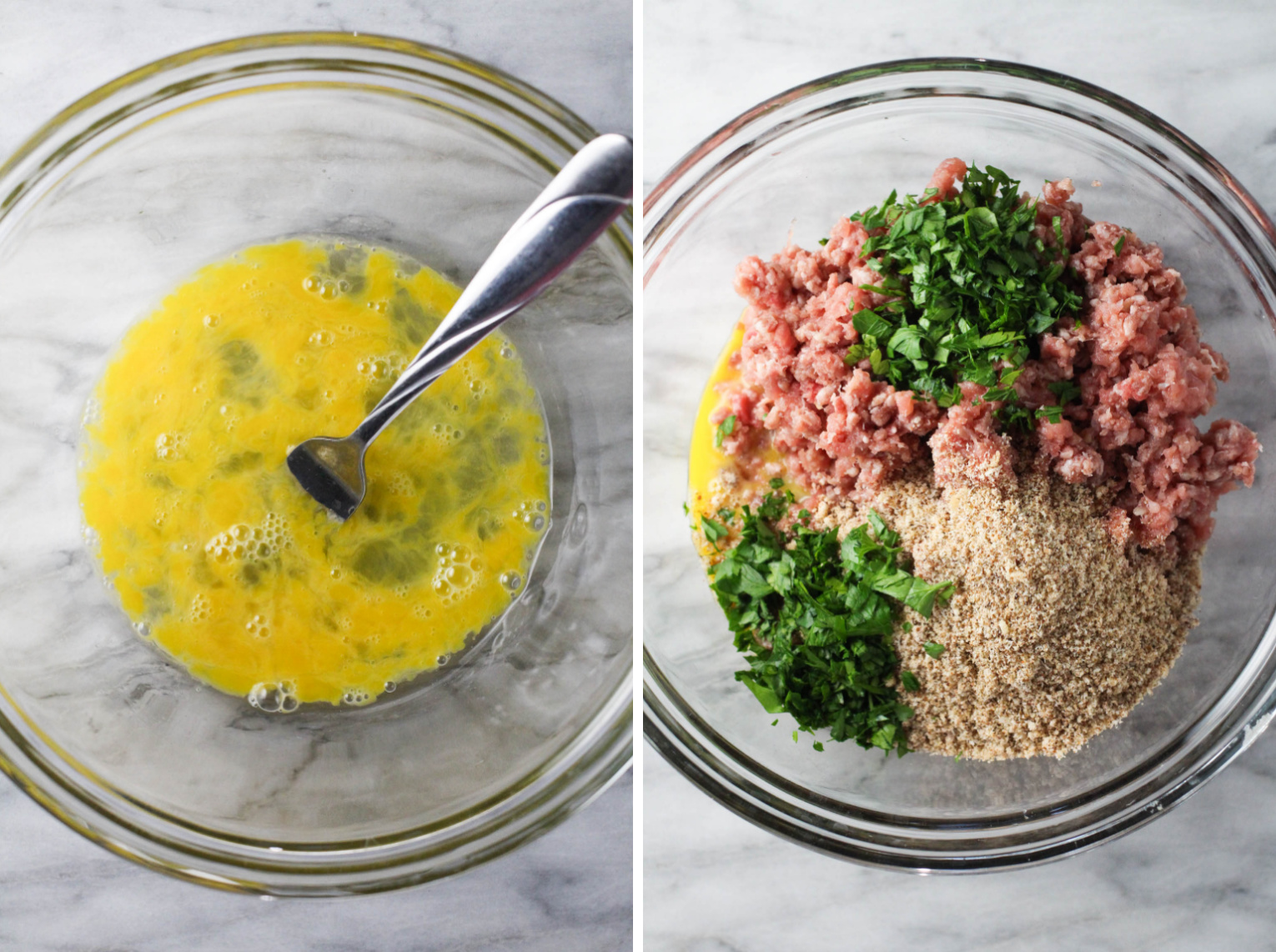 Two images side by side. The image on the left: beaten eggs in a glass bowl and a fork. The image on the right: almond mixture, ground meat, parsely, and eggs in a glass bowl.