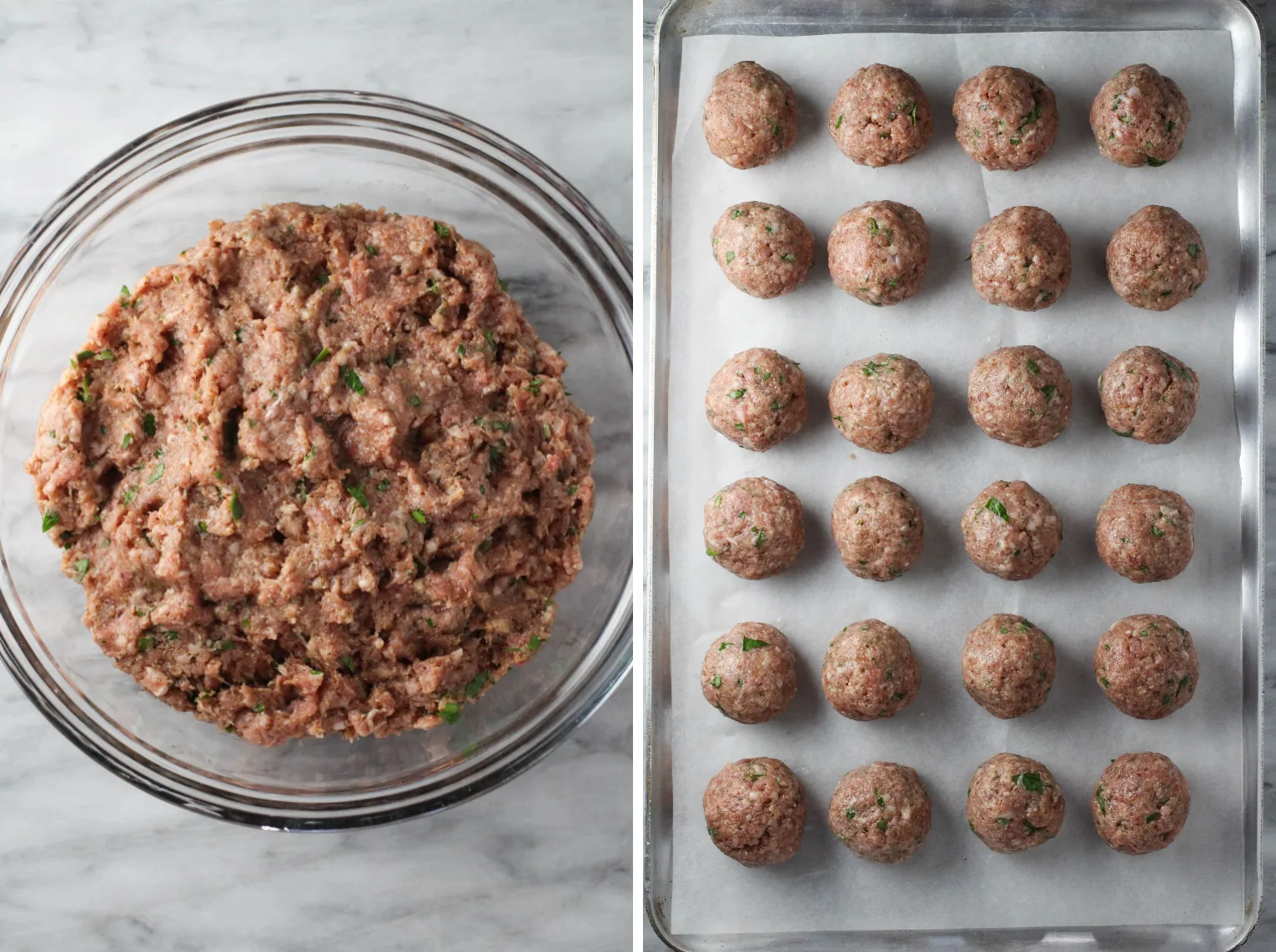 Two images side by side. The image on the left: meatball mixture in a glass bowl. The image on the right is meatballs on a baking sheet covered with parchement paper.