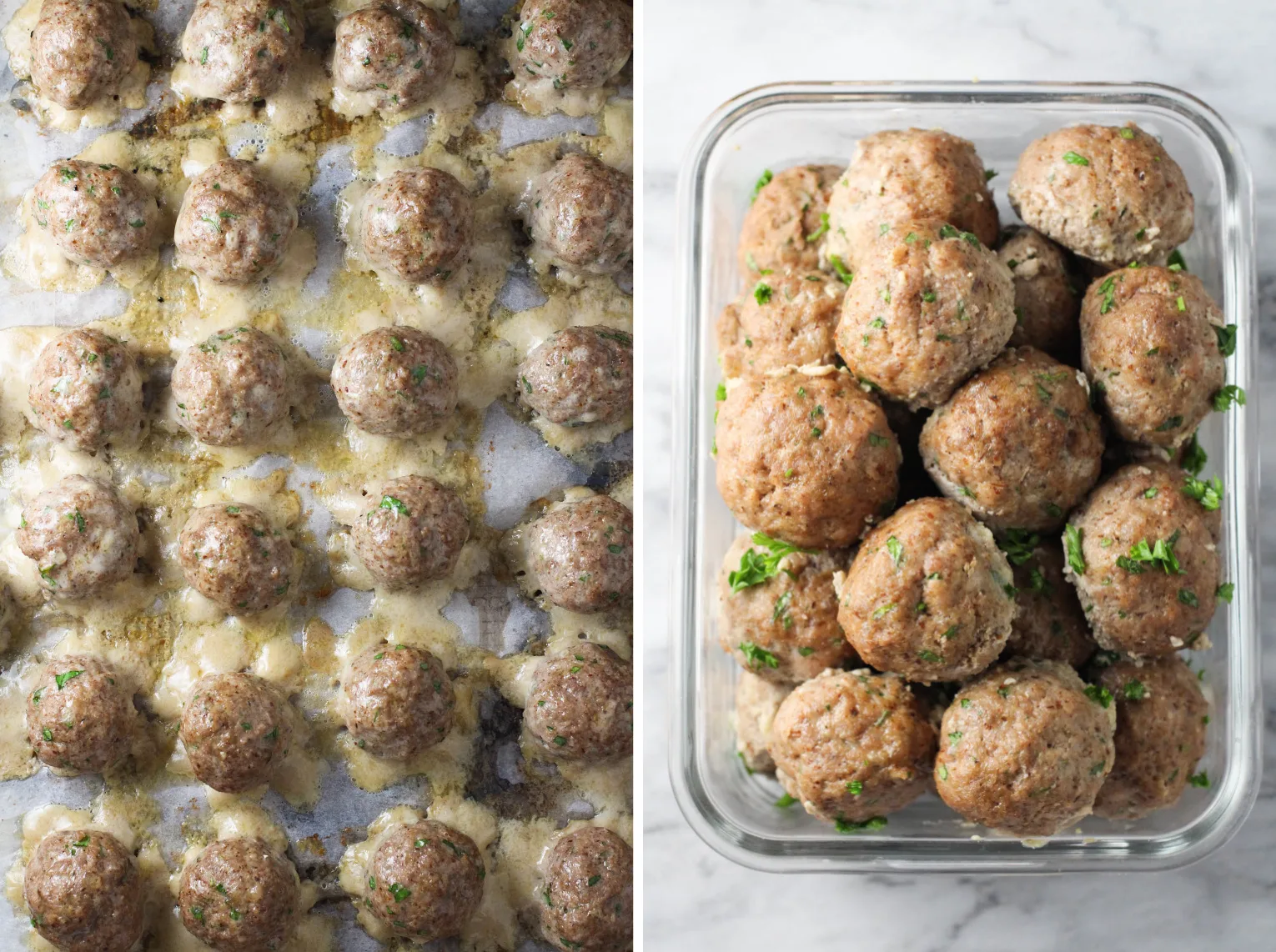 Two images side by side. The image on the left: baked meatballs on a baking sheet. The image on the right: baked meatballs in a glass container.