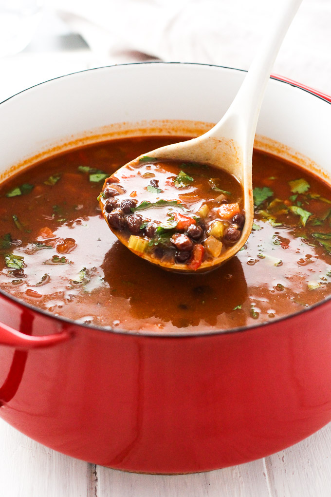 A laddle filled with soup above a red soup pot.