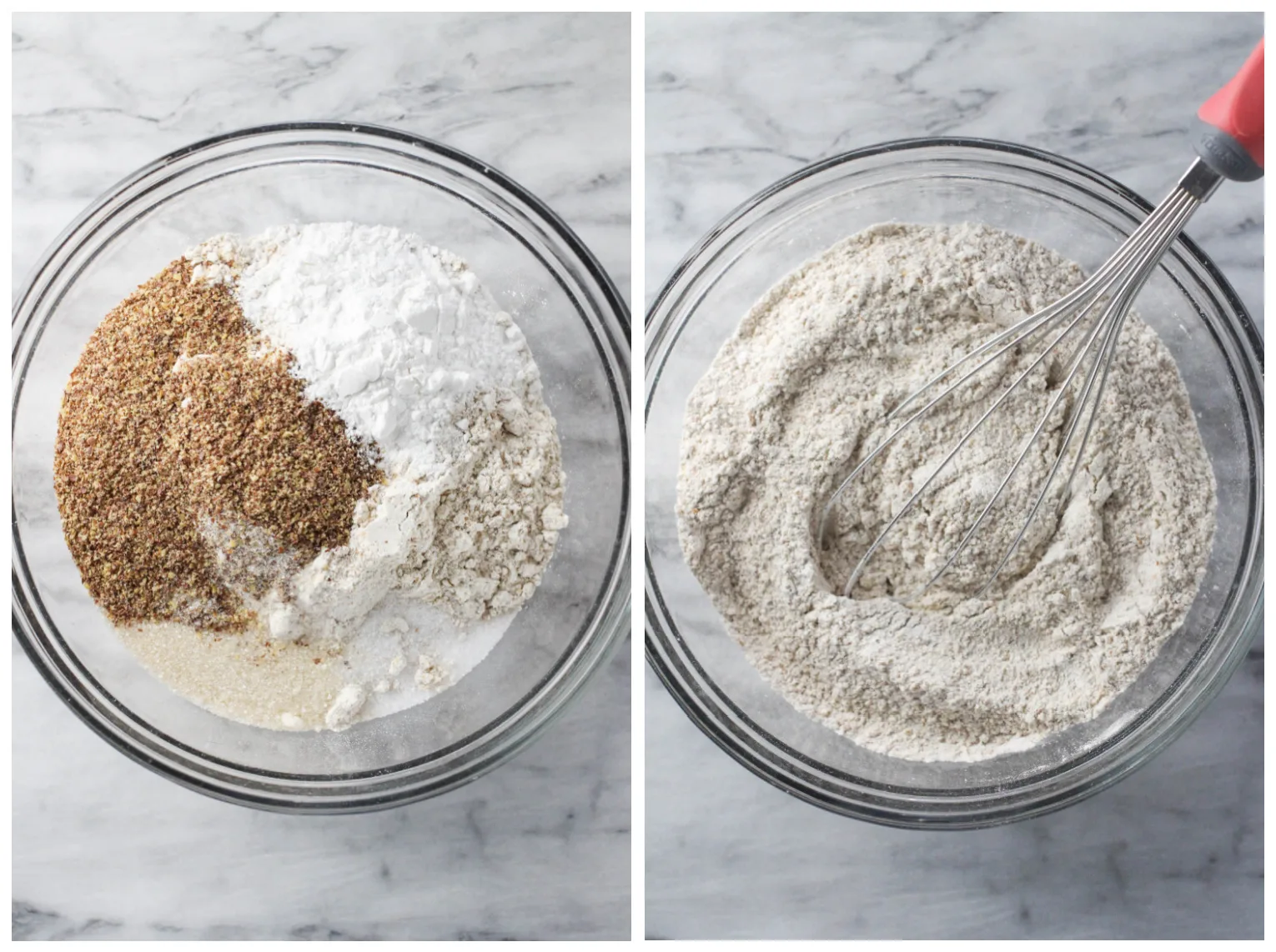 Two side by side pictures of the dry ingredients in a glass bowl. In the picture on the right, the ingredients are mixed with a whisk.