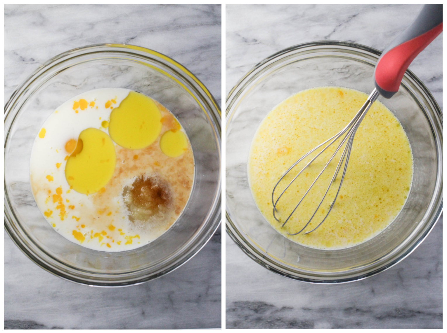 Two side by side pictures of the wet ingredients in a glass bowl. In the picture on the right, the ingredients are mixed with a whisk.