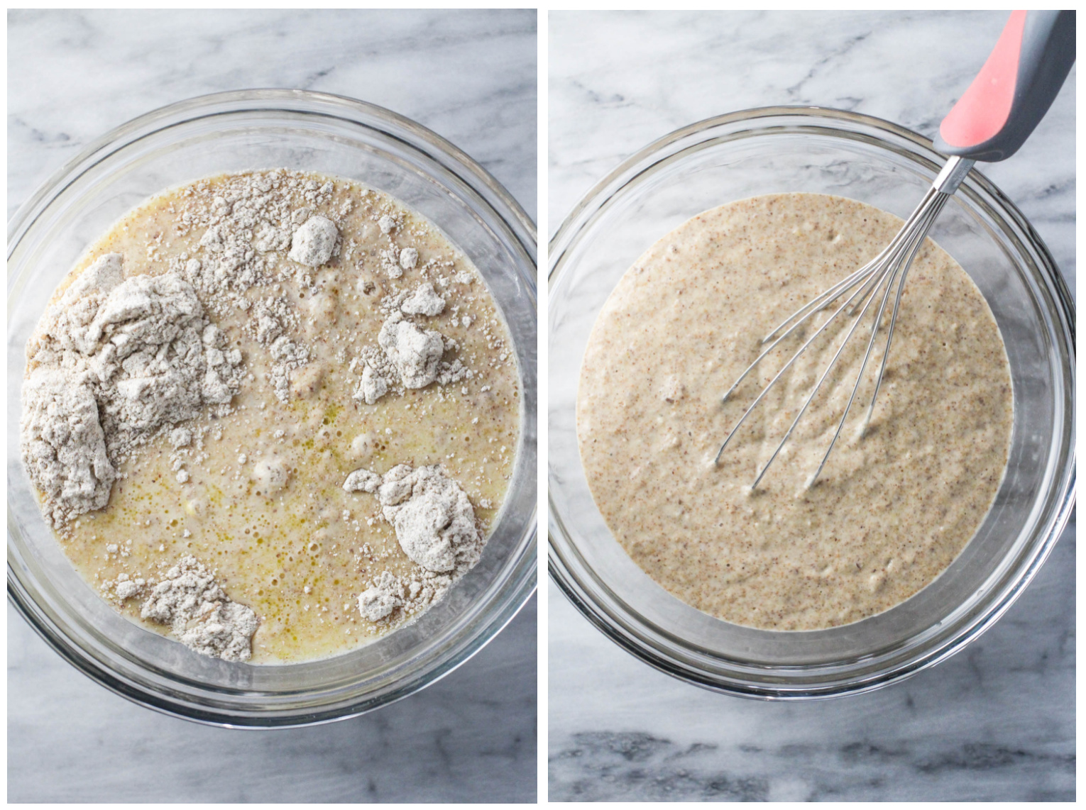 Two side by side pictures of the dry and wet ingredients being mixed together.