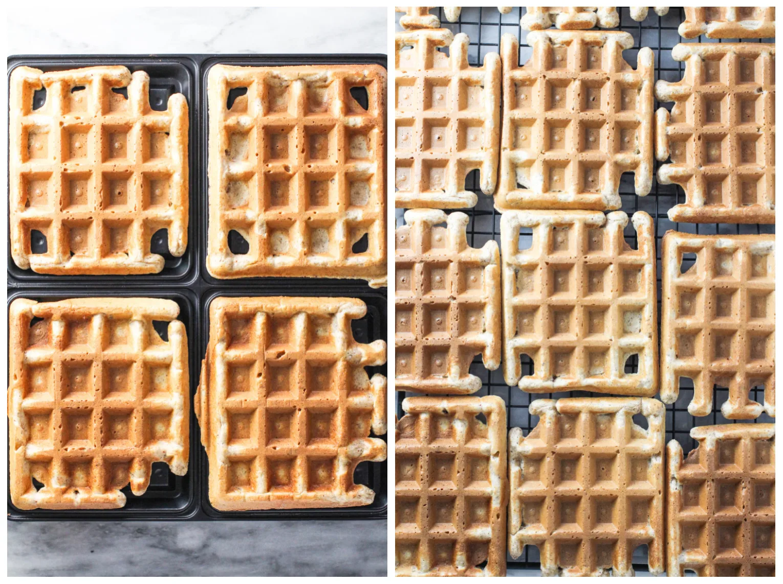 Two side by side pictures with waffles. In the picture on the left, the waffles are on the griddle of an waffle maker. In the picture on the right, the waffles are on a cooling rack.