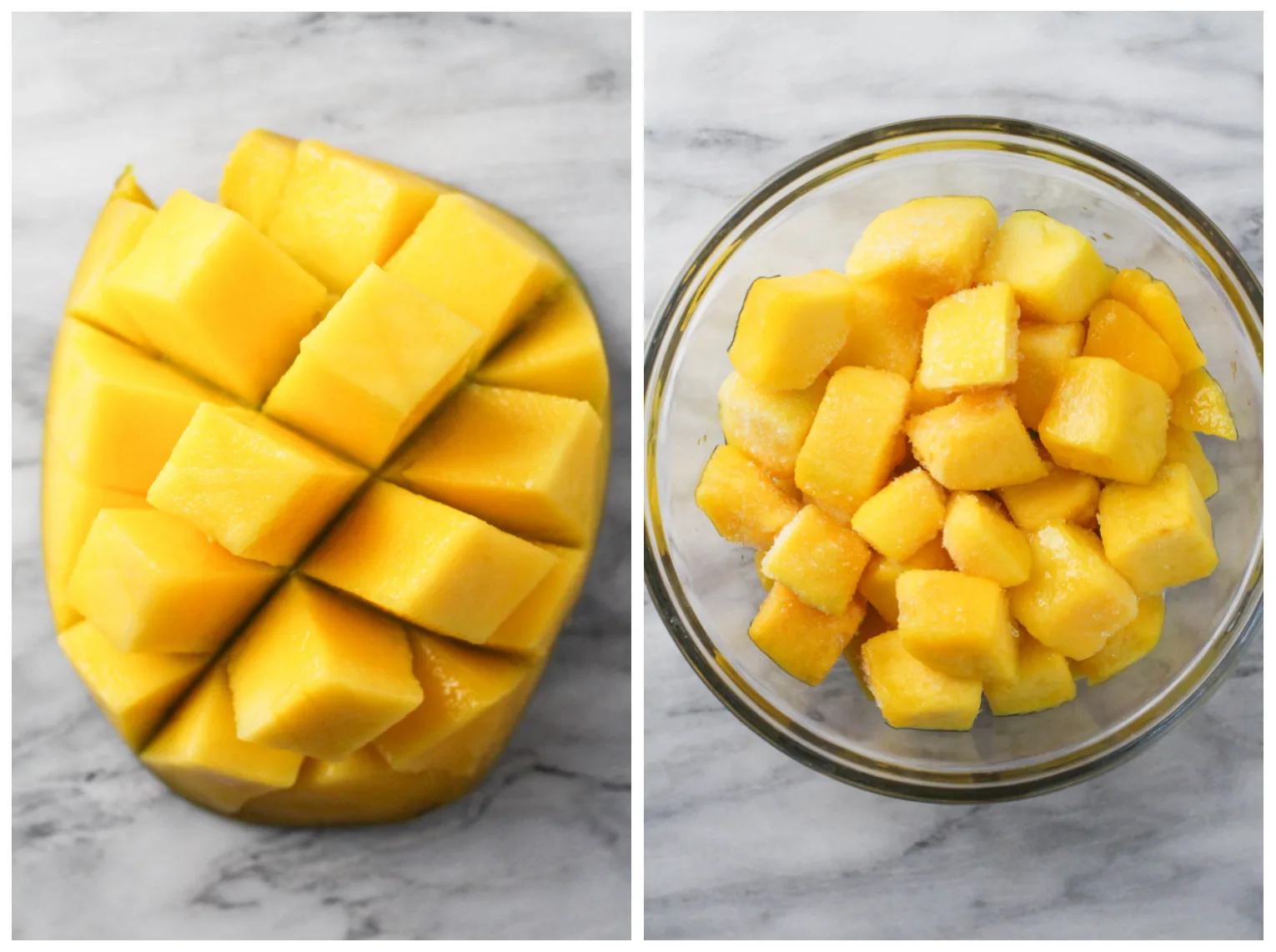 Two side-by-side images. Image on the left: sliced fresh mango on skin. Image on the right: mango chunks in a bowl.