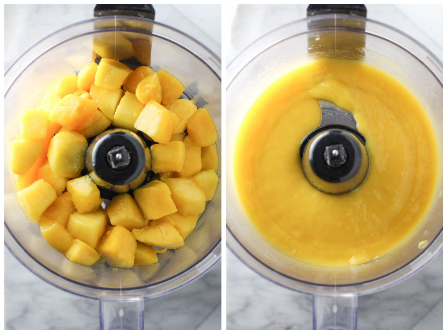 Two side-by-side images. Image on the left: mango chunks in a food processor. Image on the right: pureed mango.