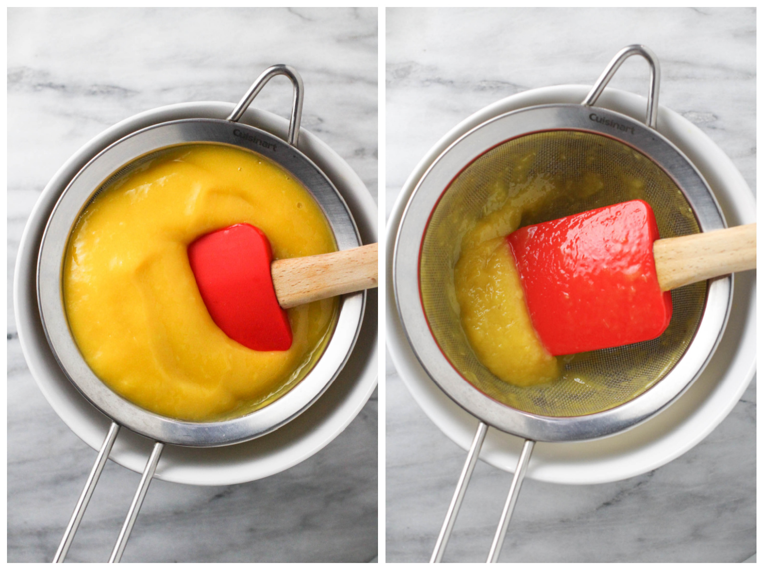 Tow side-by-side images. Image on the left, mango puree being puched through a mesh strainer. Image on the right, remaining mango pulp and a spatula in a mesh strainer.