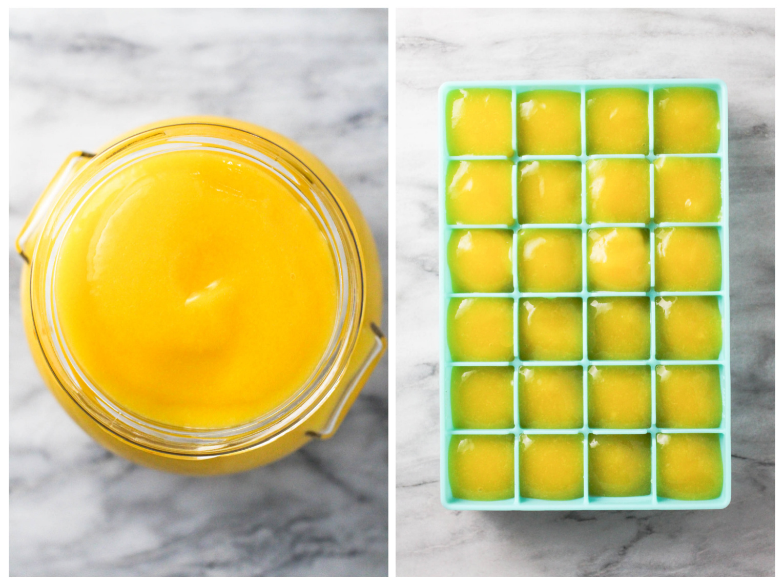 Two images side by side. Image on the left: mango puree in a glass jar. Image on the right: mango puree in a silicon ice tray.
