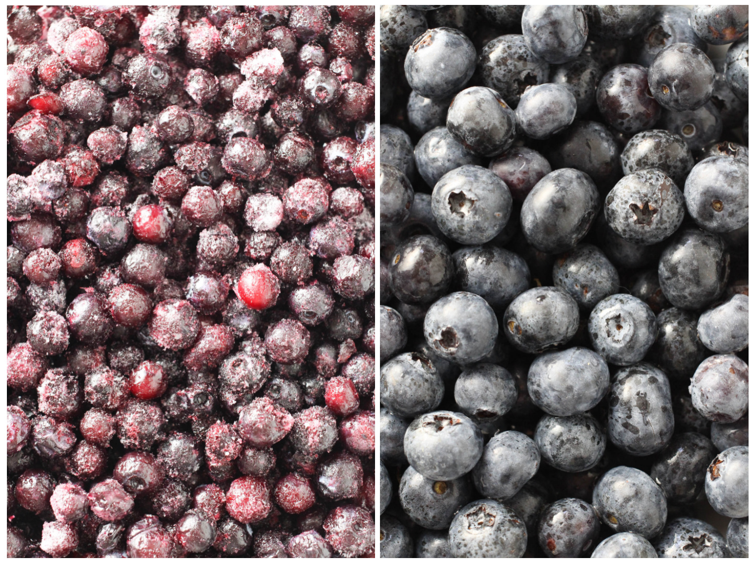 Two images side by side. Frozen blueberries on the left image, fresh blueberries on the right image.