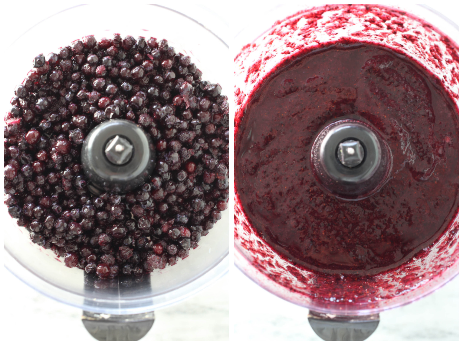 Two images side by side. On the left, whole blueberries in a food processor, on the right, blueberrie puree in a food processor.
