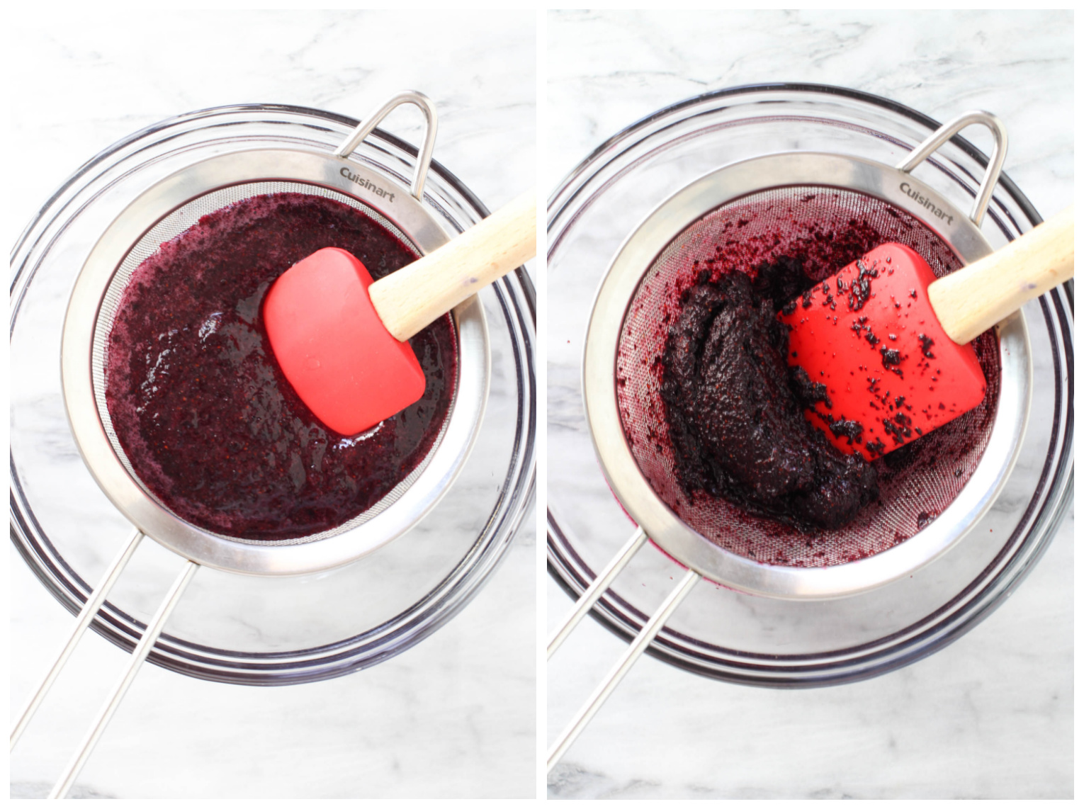 Two images side by side. On the left, blueberry puree being puched through a sieve with a rubber spatula. On the right, blueberry pulp in a sieve with a rubber spatula.