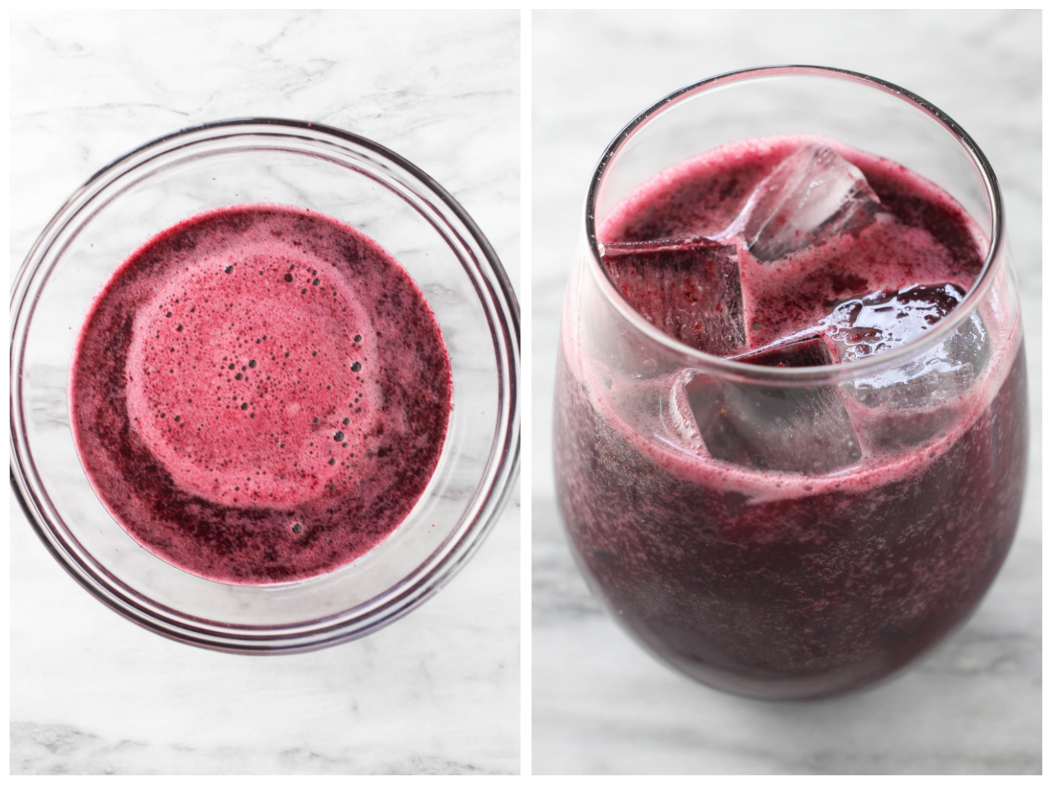 Two images side by side. On the left, blueberry juice in a bowl. On the right, blueberry juice with ice in a glass.