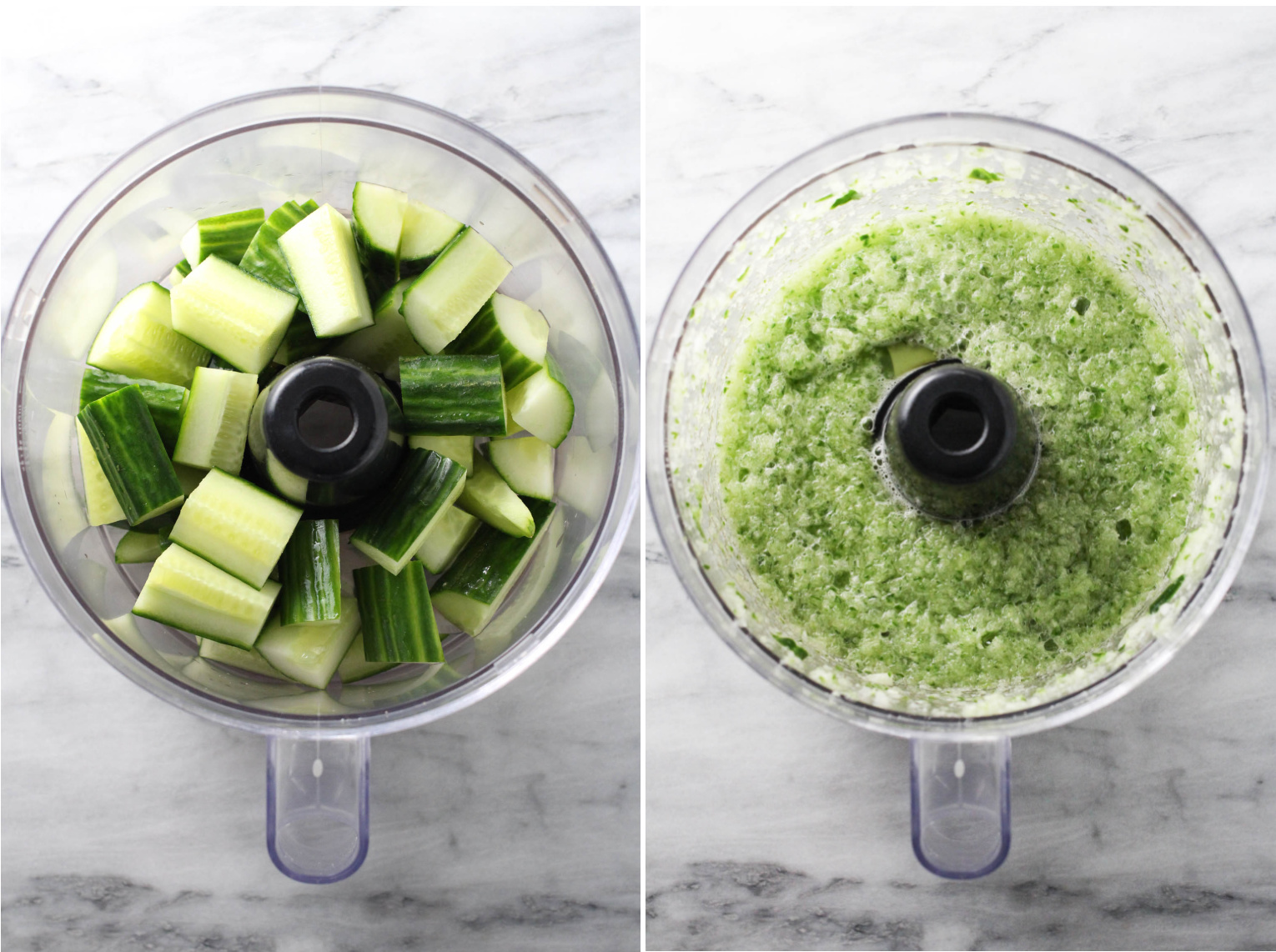 Two images side by side. On the left image, cucumber chuncks in a food processor. On the right image, pureed cucumbers in a food processor.