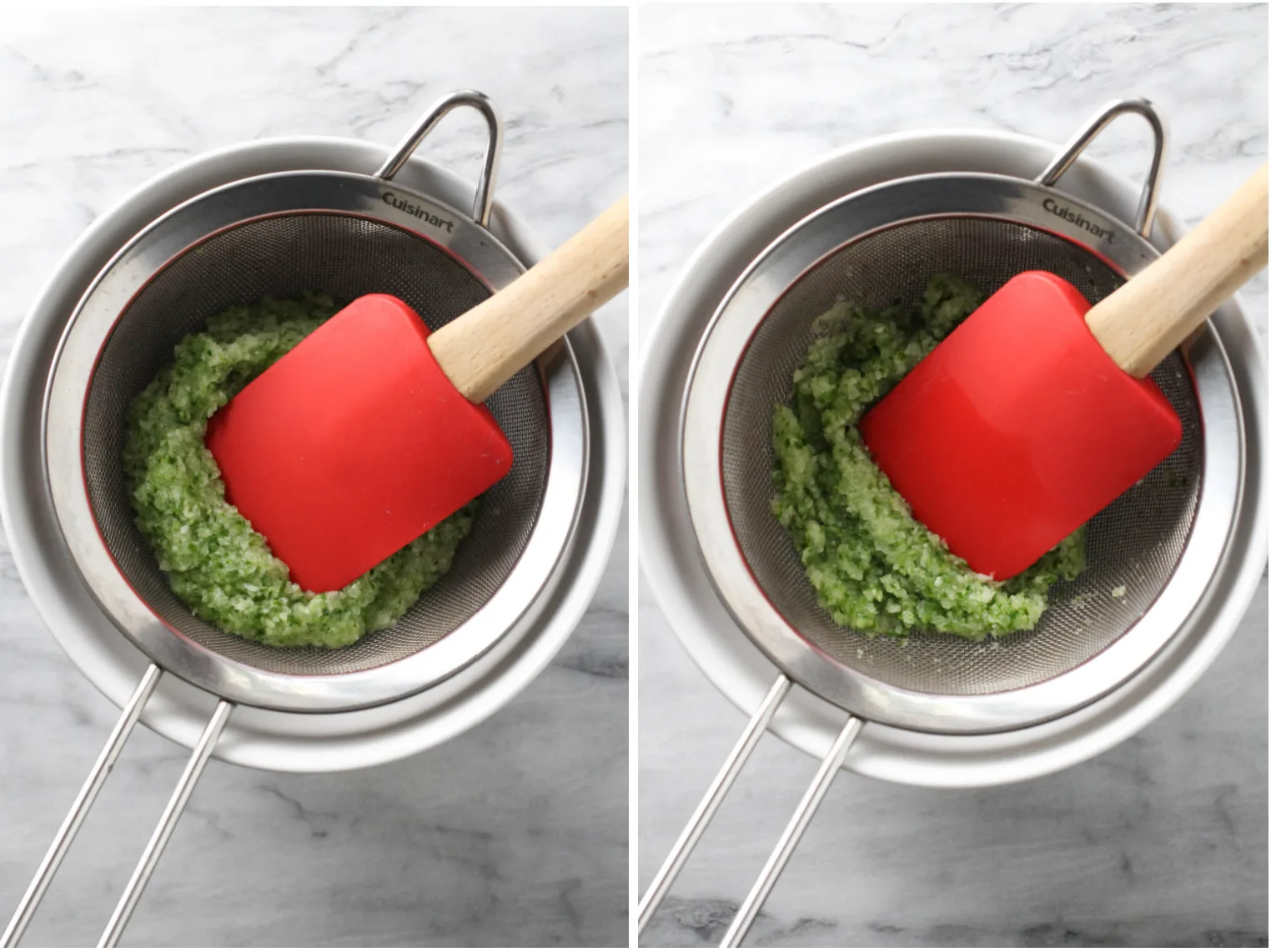 Two images side by side. On the left, cucumber puree in a strainer being pressed with a rubber spatula. On the right, dry pulp in a strainer with rupper spatula.