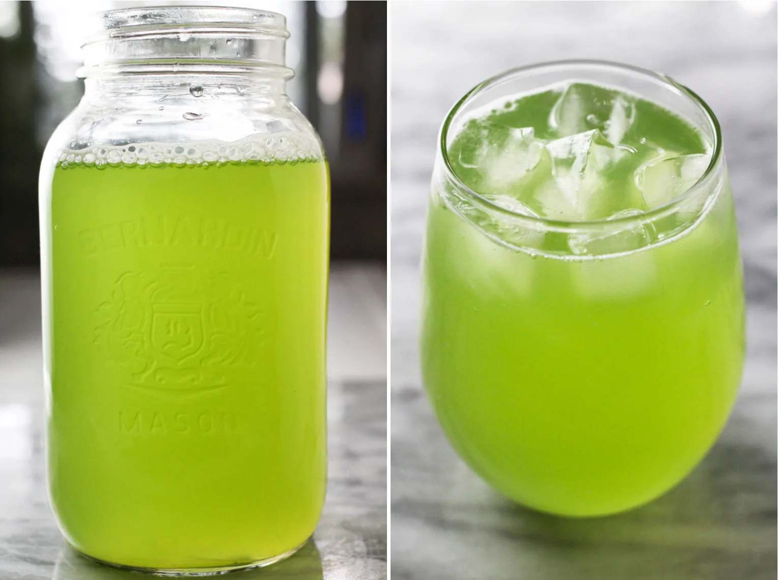 Two images side-by-side, on the left cucumber juice water in a mason jar. On the right, cucumber juice water and ice in a glass.