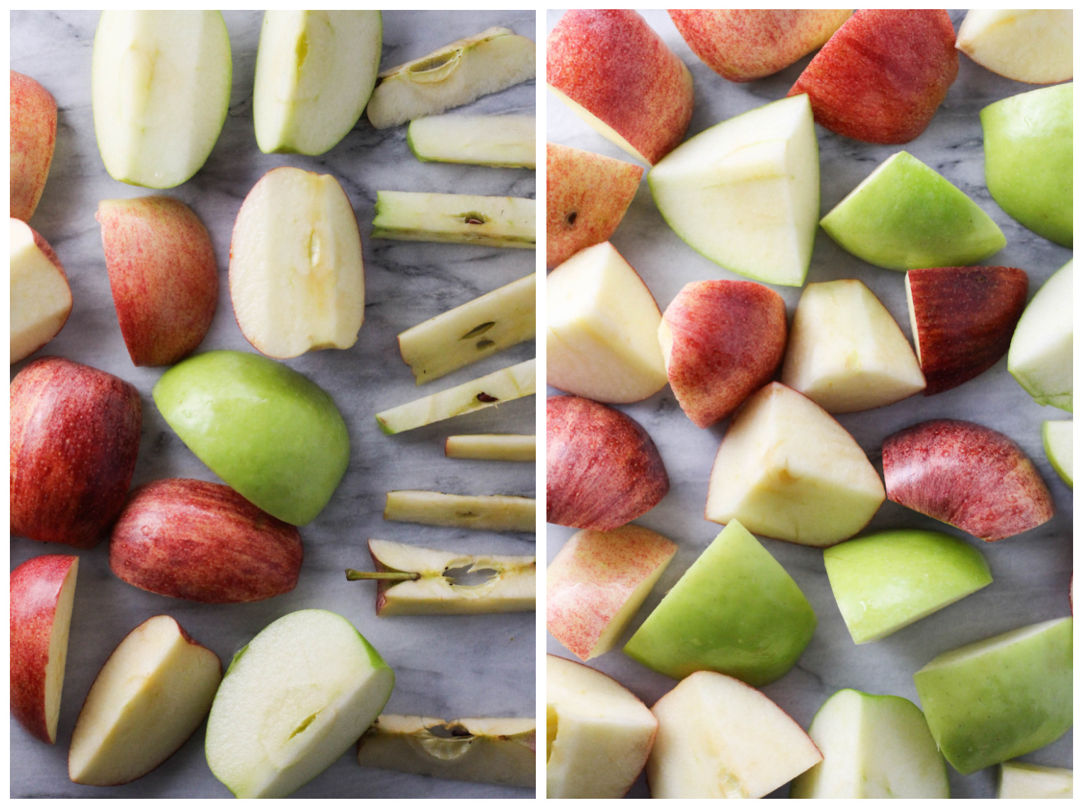 Collage of two images side-by-side. On the left, image or apple pices and apple cores. On the right, image of apple chunks.