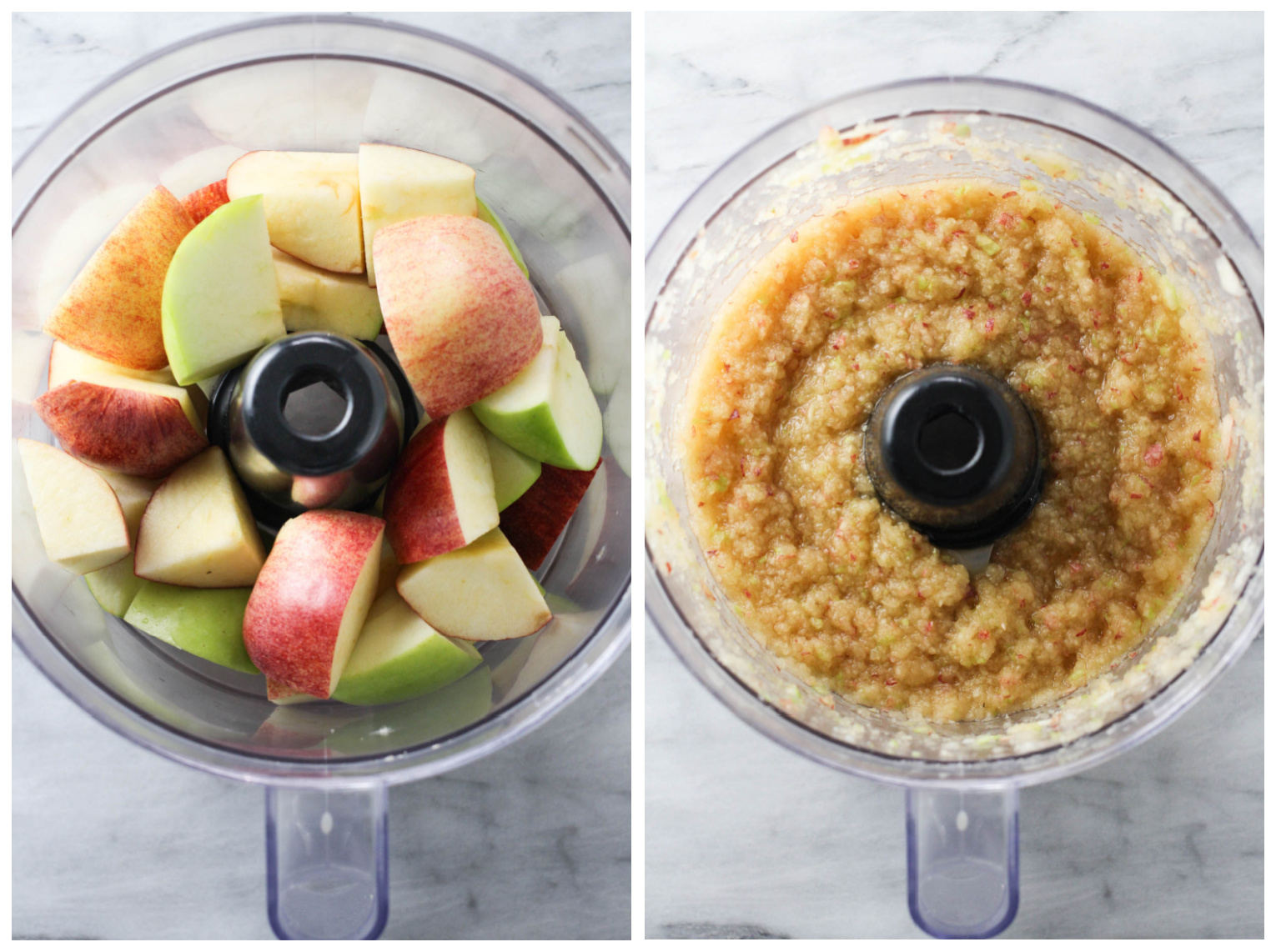 Collage of two images side-by-side. On the left, image of apple chunks inside a food processor. On the left, image of pureed apples inside a food processor.