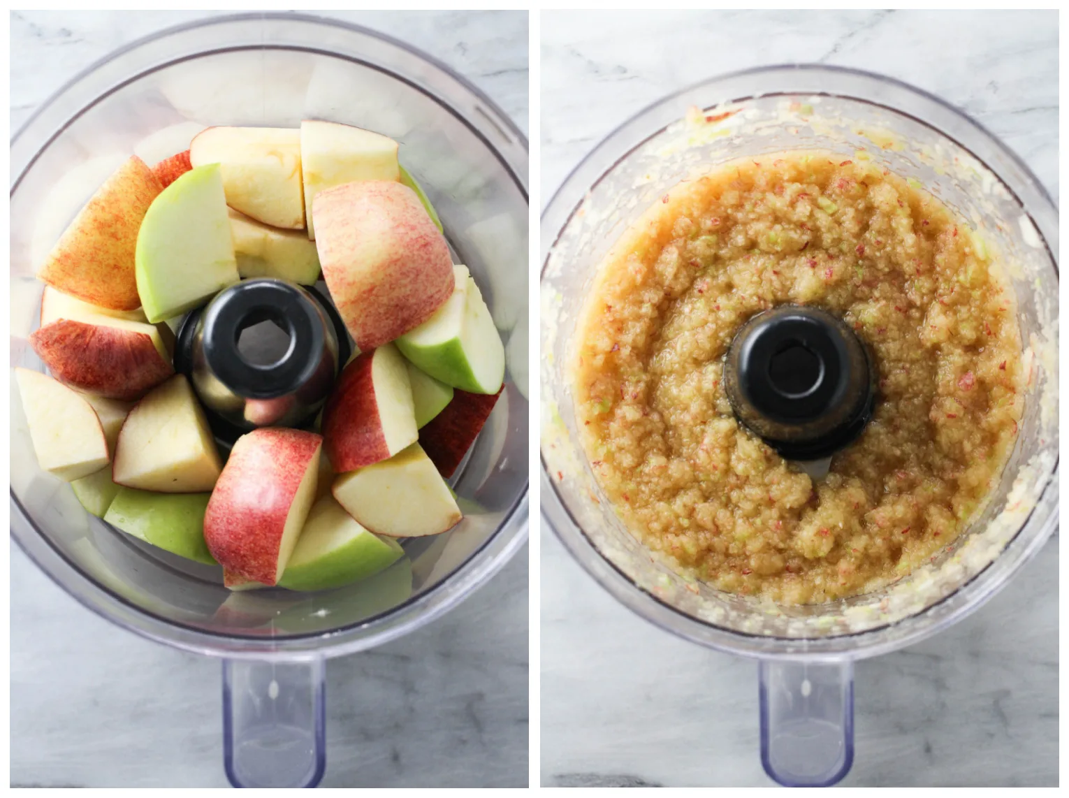 Collage of two images side-by-side. On the left, image of apple chunks inside a food processor. On the left, image of pureed apples inside a food processor.