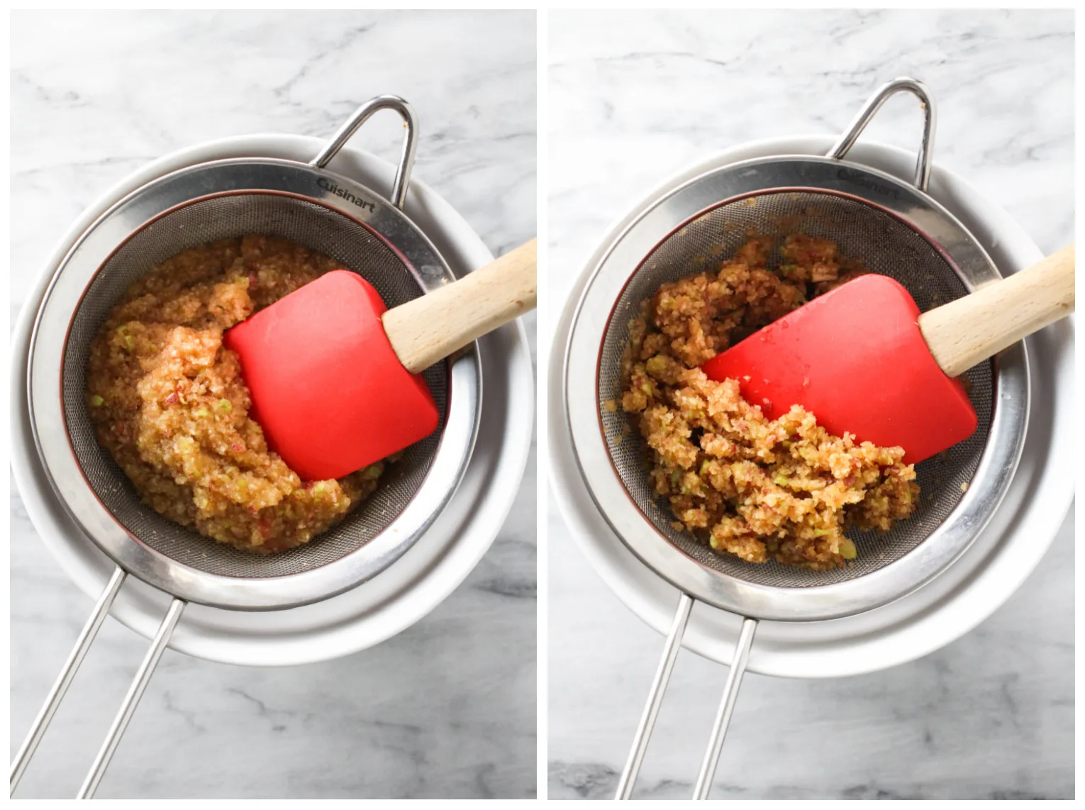 Collage of two images side-by-side. On the left, apple pulp in a strainer being pressed with a rubber spatula. On the right, dry pulp in a strainer with rupper spatula.