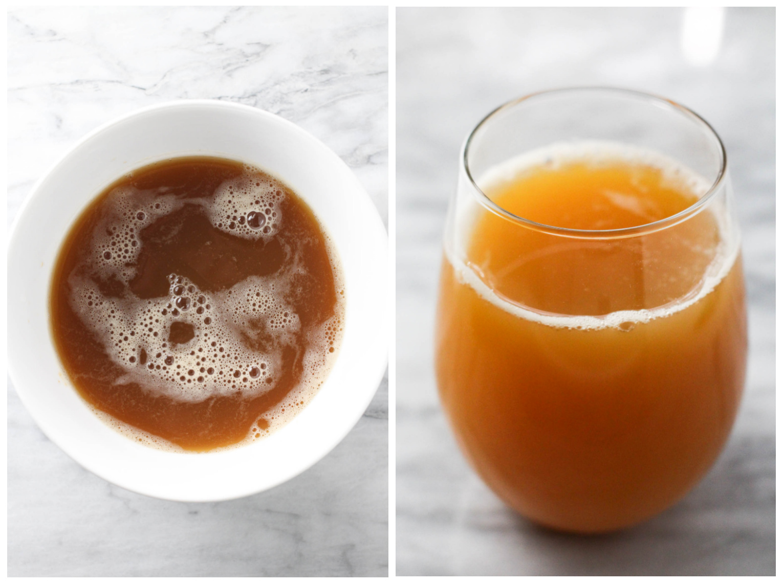 Collage of two images side-by-side. On the left, overhead shot of apple juice in a bowl. On the right, image of apple juice in a glass.