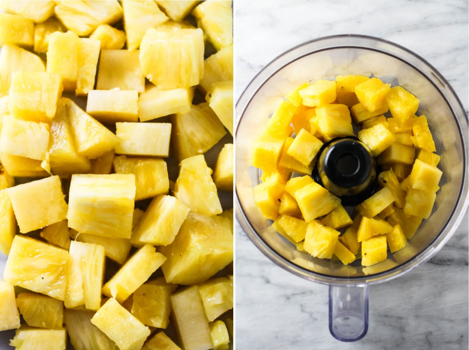 Collage of side-by-side images. On the left, an image of chopped pineapple. On the right, an image of chopped pineapple inside a blender bowl.